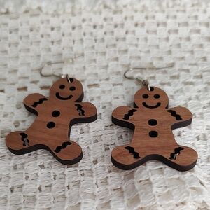 Gingerbread Man Wooden Dangle Earrings - Brown